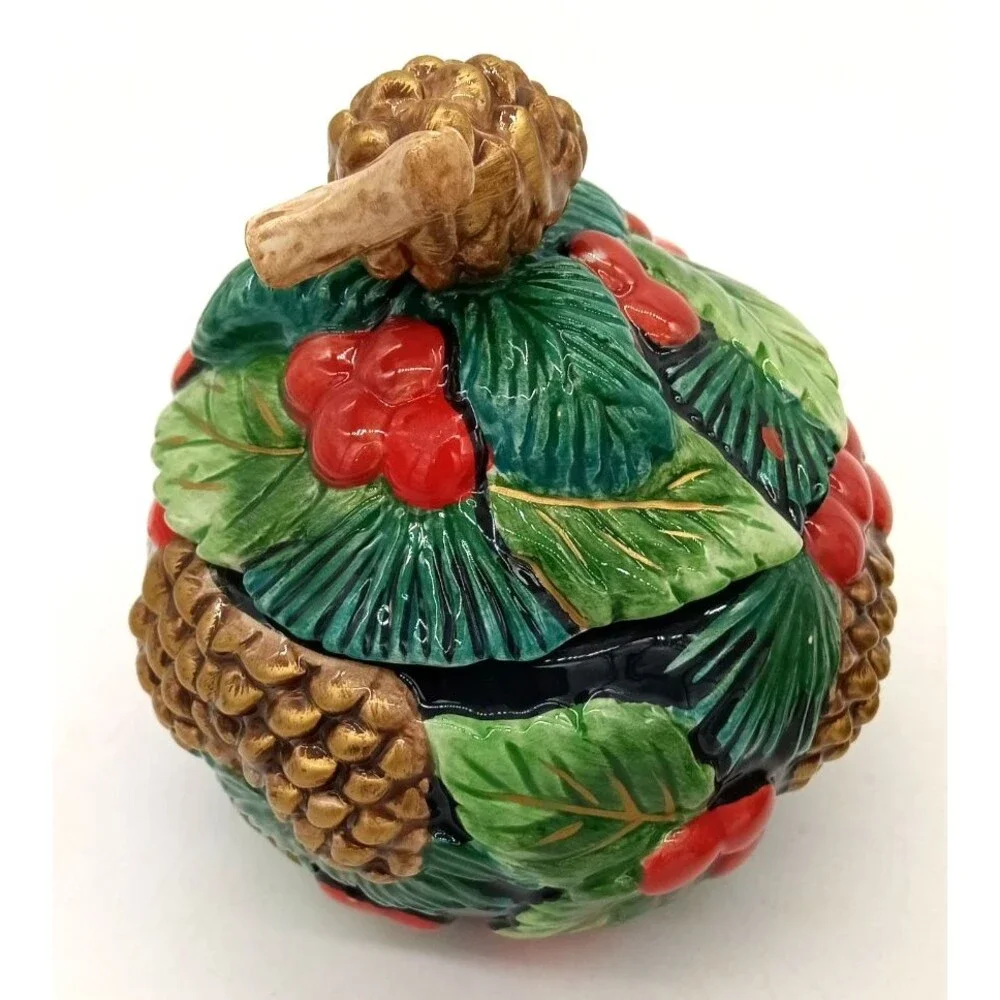 Vintage Fitz & Floyd Classics Holiday Pine Ceramic Creamer & Covered Sugar Bowl